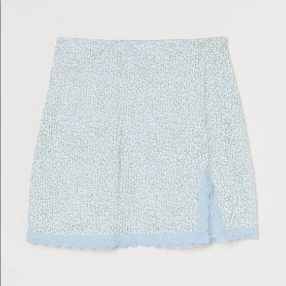 Divided Skirts Nwt Hm Divided Blue Green White Floral Lace Trim Fitted Jersey Skirt Xs